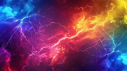 Colorful abstract backdrop with lightning bolts in rainbow hues, creating a dramatic and electrifying visual impact.