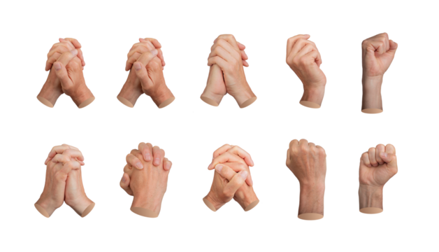 Intertwined entwined fingers set, clasped gestures, hand sign isolated on white background, set., transparent PNG cutout