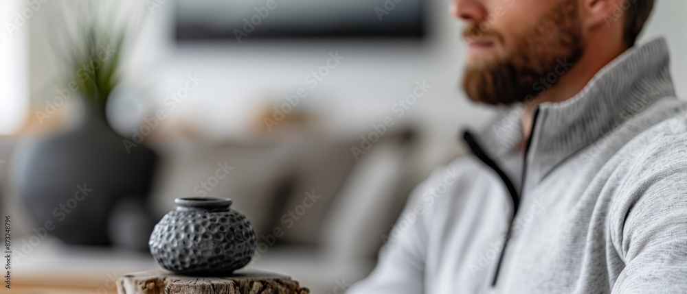 Poster  A bearded man sits before a table, vase included TV in the background