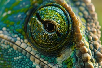 Obraz premium extreme closeup of chameleons eye and textured skin vibrant green and blue hues hyperdetailed scales and intricate patterns