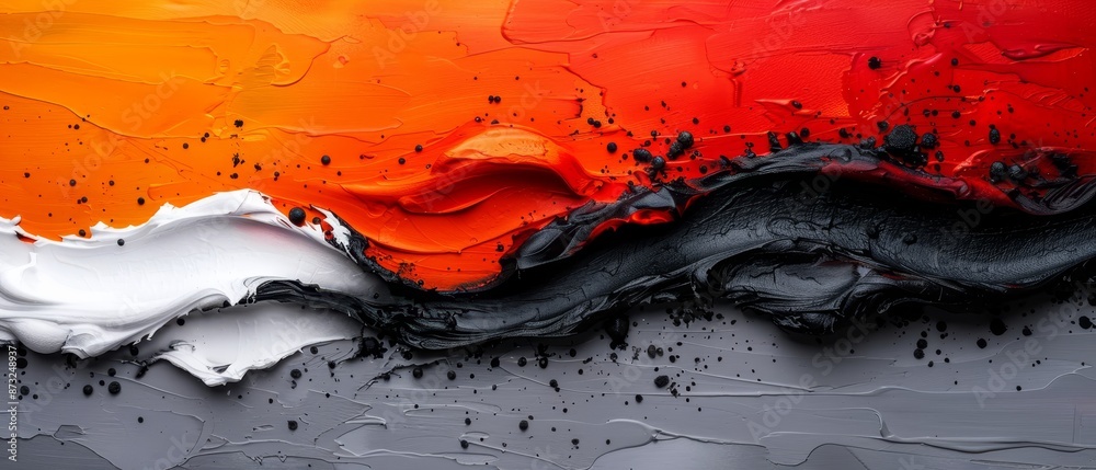 Wall mural an abstract painting features black, orange, and white hues against a gray backdrop a red and white 