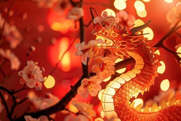 Fototapeta premium festive chinese new year scene with intricate papercut dragon lanterns illuminated against a rich red background surrounded by elegant plum blossoms and gold accents