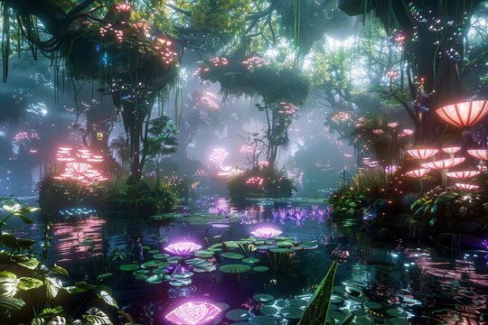 fantastical garden with bioluminescent plants floating islands and ethereal creatures bathed in soft magical light filtering through dense canopy