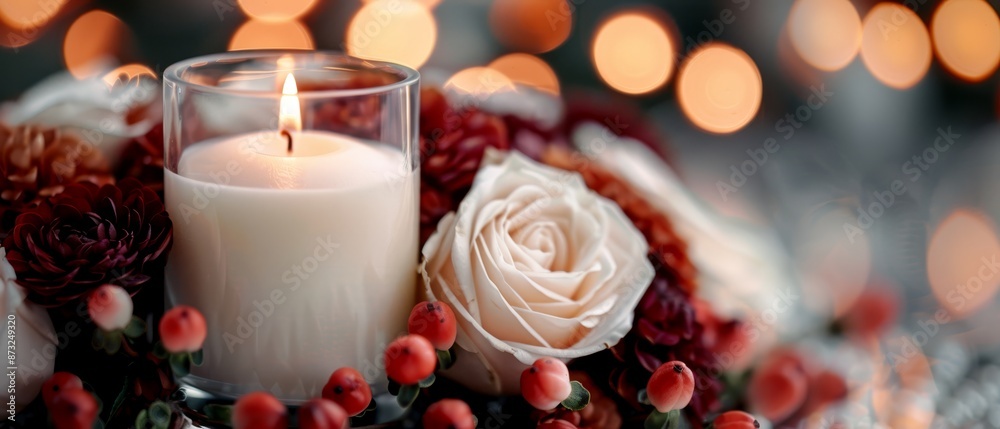 Poster  A white candle atop a table, near red and white pomegranates