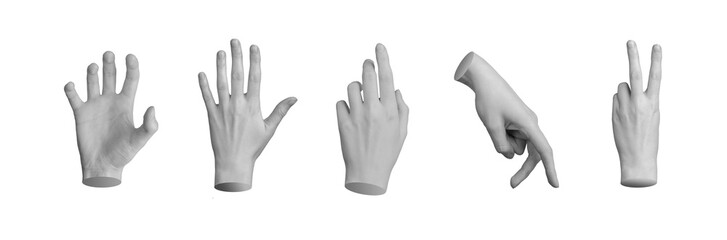 Palm grabbing, dorsal hand, touching finger, walking, victory sign set, isolated on white...