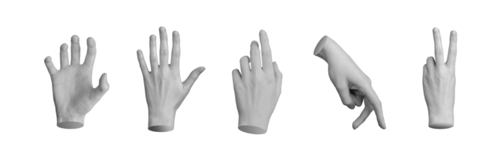 Palm grabbing, dorsal hand, touching finger, walking, victory sign set, isolated on white background., transparent PNG cutout