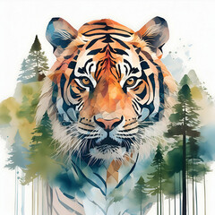Abstract water colour double exposure front tiger with forest on Generative AI.