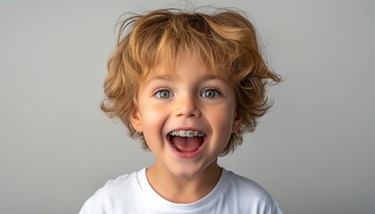 An excited young boy with curly hair shows off his dental braces with a wide, cheerful smile