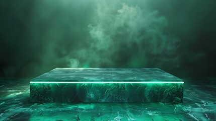 Jade neon light product background stage on jade stone floor with serene green glow spotlight, in zen style