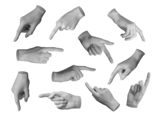 Pointing index fingers, touching and clicking, pressing, tapping. Pointer, hand sign isolated on white background, set., transparent PNG cutout