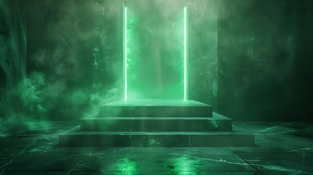 Jade neon light product background stage on jade stone floor with serene green glow spotlight, in zen style - Powered by Adobe