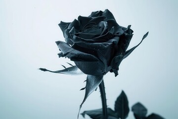 haunting image of a single black rose with velvety petals and thorny stem dramatically lit against a stark white background