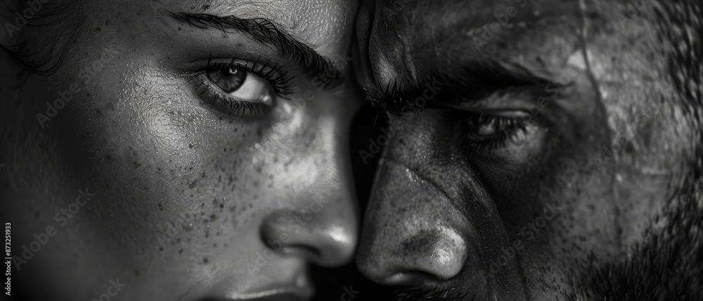 Wall mural  A monochrome image of a man and a woman with freckled hair and eyes