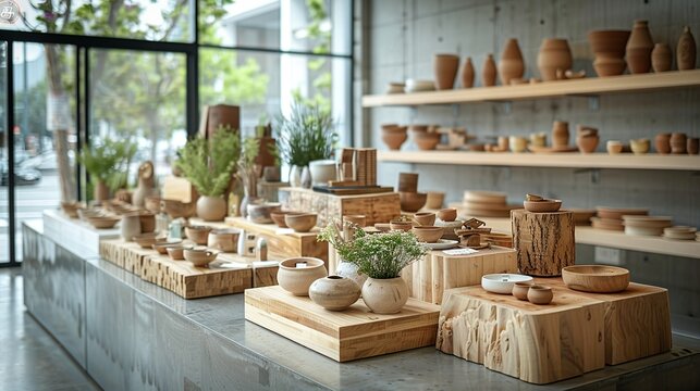 Artisan craft fair stage podium with handmade crafts, artisanal products, and artisan workshop atmosphere. , Minimalism,