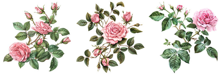 Set of A bouquet of pink roses arranged beautifully with green leaves isolated on a transparent background