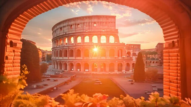 Landscape Scene of Colosseum at the sunset time, view from inside decorate home apartment, window and balcony view, holiday and tourist concept ,generative ai