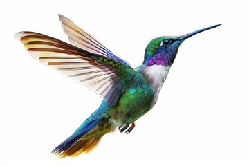 Fototapeta premium hyperrealistic digital painting of iridescent hummingbird midflight intricate feather detail and vibrant colors pop against pure white background capturing the birds grace and energy