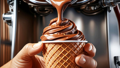 Extreme close-up of a female hand, holding a cup of twisted ice cream from ice cream machine dispenser, hot chocolate pouring over it. Generative Ai.