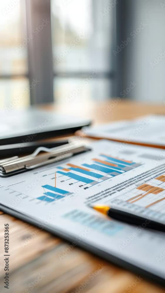 Poster Close-up of financial charts and graphs on a desk with natural light from a window. Business analysis and data review concept. Ideal for financial planning and economic strategy content
