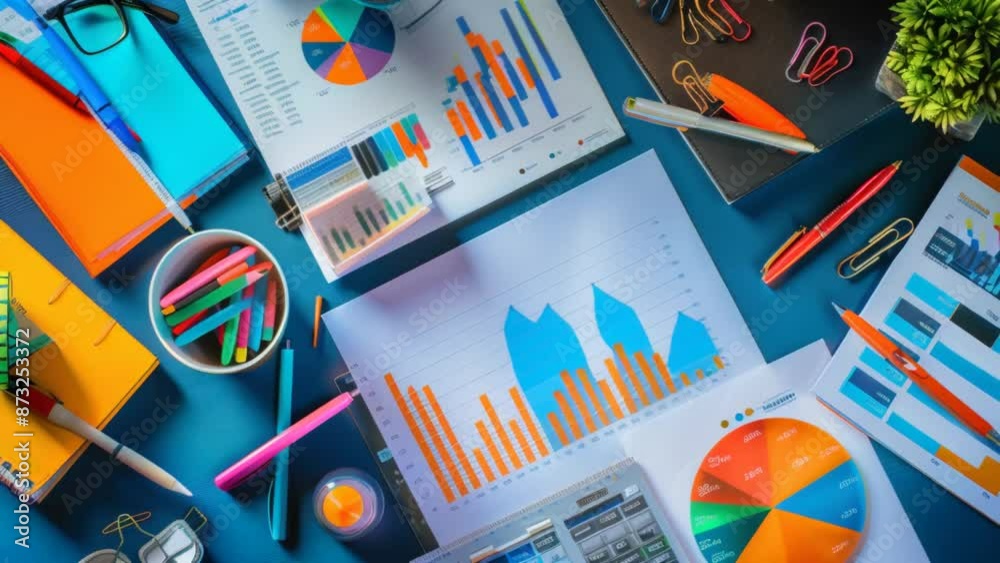 Poster colorful office desk with financial charts, graphs, and stationery arranged neatly. vibrant workspac