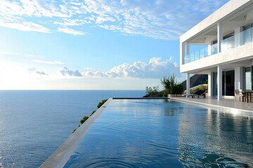 Fototapeta premium idyllic mediterranean villa perched on a hillside its white walls gleaming in the sun a infinity pool merges with the azure sea view creating a scene of ultimate luxury