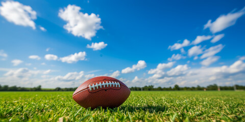 American Football on Green Field Under Bright Blue Sky with White Clouds