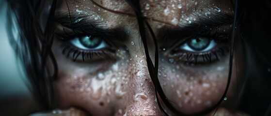  A woman's face, sharply focused Blue eyes glistening with water droplets