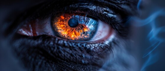  A tight shot of an eye, featuring a vivid orange iris at its core