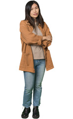 Full-body young Chinese woman suspicious, uncertain, examining you.