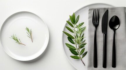 Minimalist Table Setting with Black Cutlery and White Plate