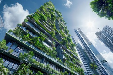 Obraz premium innovative ecofriendly skyscraper seamlessly integrating lush vertical gardens and solar panels standing out in a bustling modern cityscape