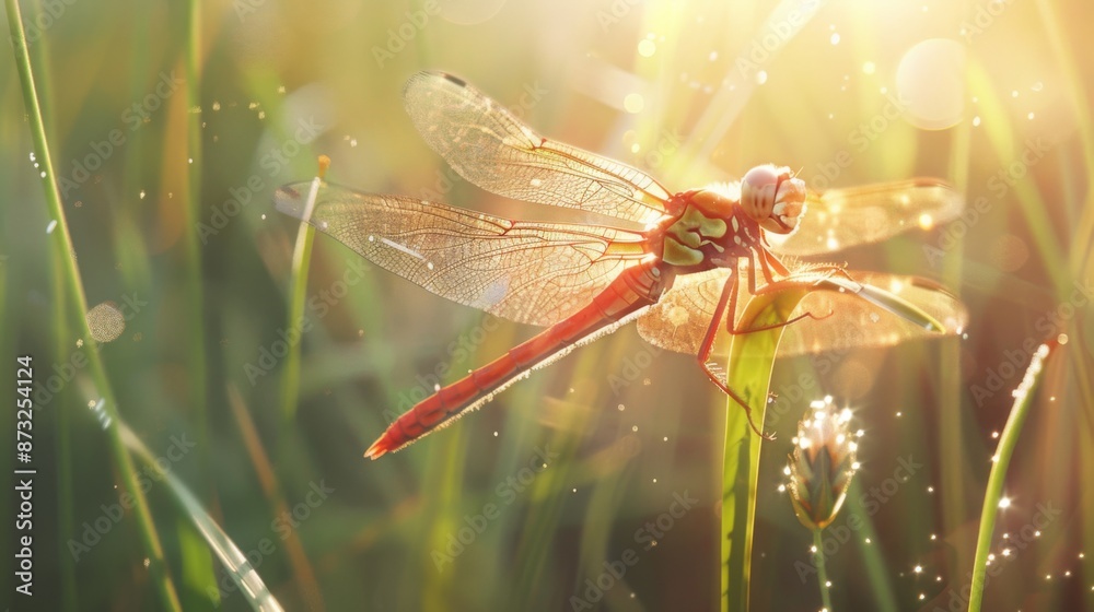 Poster close-up of a dragonfly resting on a blade of grass, wings shimmering in the sunlight