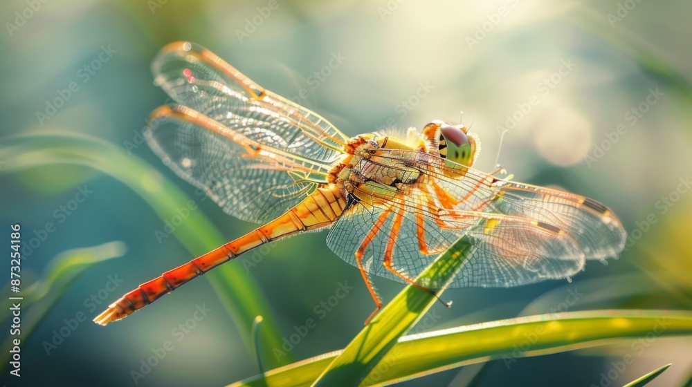 Poster close-up of a dragonfly resting on a blade of grass, wings shimmering in the sunlight