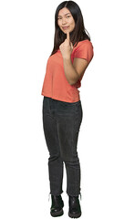 Full-body young Chinese woman pointing with finger at you as if inviting come closer.
