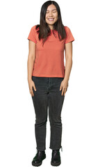 Full-body young Chinese woman laughs and closes eyes, feels relaxed and happy.