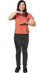 Full-body young Chinese woman holding something with both hands, product presentation.