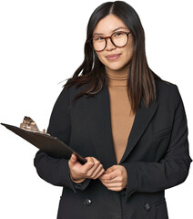 Young Chinese businesswoman managing inventory in studio