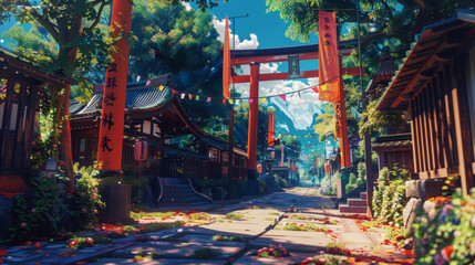 Fototapeta premium old Japanese village with an orange torii gate and red flags hanging from trees on a sunny day, in a cartoon style, 