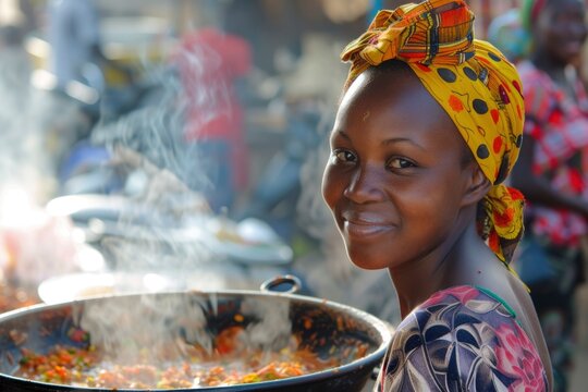 Portrait of a smiling African woman cooking a traditional meal over an open fire