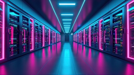 Fototapeta premium A futuristic data center corridor with glowing neon lights and high-tech servers in a symmetrical arrangement.