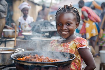 Portrait of a smiling African girl cooking a traditional meal over an open fire