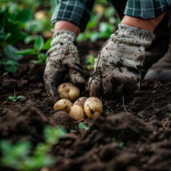 Harvest Time: Fresh Potatoes Unearthed by Gloved Hands
