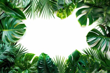 lush tropical frame bursting with exotic foliage vibrant palm leaves and monstera plants surrounding a central white space for text or imagery