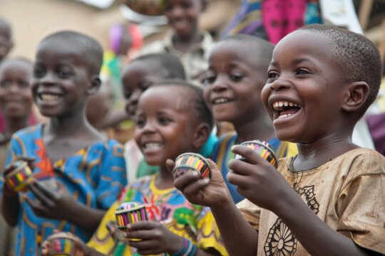 Joyful African children playing with toys in a rural village