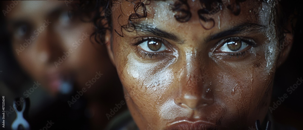 Sticker tears or dew on skin Scissors near, poised