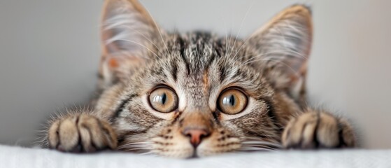  A tight shot of a cat sitting on a bed, its paws resting on the bed's edge