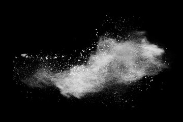 White powder explosion on black background. Colored cloud. Colorful dust explode. Paint Holi.