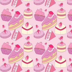 seamless pattern with cupcakes.
Seamless pattern image of strawberry dessert. Can be used as background, wallpaper, decoration of things.
