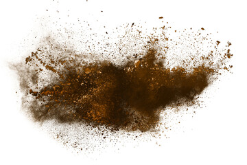Brown powder explosion on white background. Colored cloud. Colorful dust explode. Paint Holi.