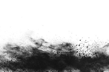 particles of charcoal on white background,abstract powder splatted on white background,Freeze motion of black powder exploding or throwing black powder.